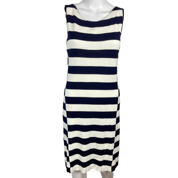 Theory Dress Womens Sz L Navy Blue White‎ Striped Knit Sleeveless Sheath Sweater - Picture 1 of 9